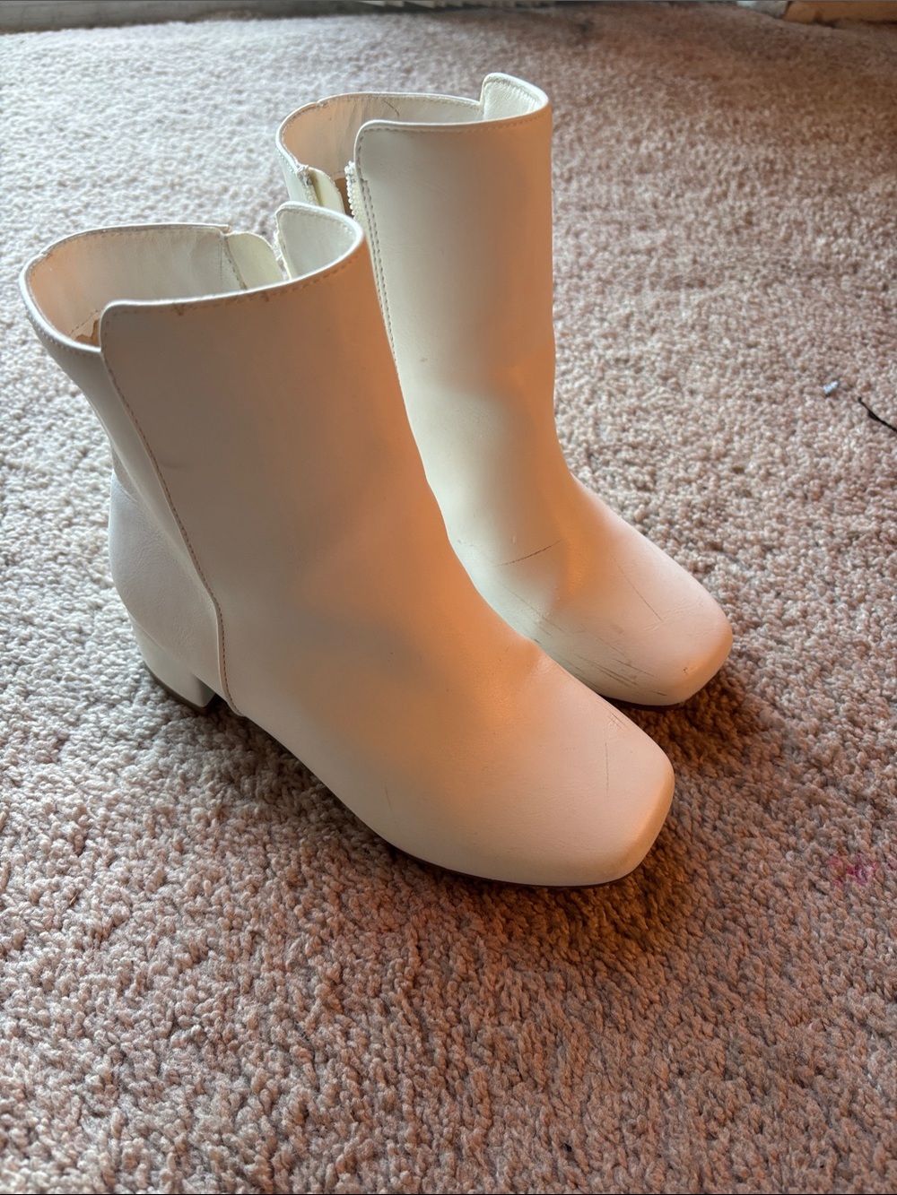 Kids White Square-Toe Ankle Booties with Low Block Heel